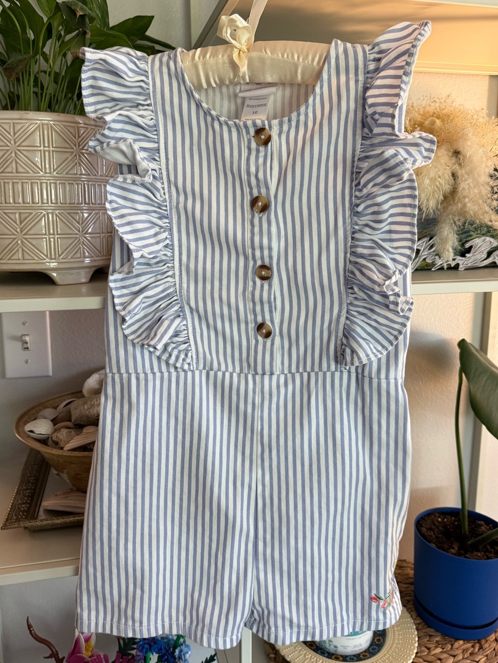 Little Lass Blue and White Striped Ruffle Romper